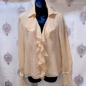 100% SILK DANA BUCHMAN CREAM RUFFLE/FLOUNCE BUTTON DOWN BLOUSE SZ 4